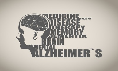 Abstract illustration of a human head with brain. Woman face silhouette. Medical theme creative concept. Connected lines with dots. Alzheimers disease tags cloud