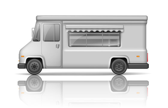 Realistic Food Truck Isolated On White. Fast Food Or Ice Cream Van Template For Mock Up For Your Design And Transport Advertising. White Service Delivery Truck Blank Surface