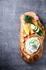 Tzatziki Traditional Greek sauce with ingredients cucumber, garlic,dill, lemon, mint. Food Background.Snack, Meze in the dishes of the Olive Tree.Copy space for Text.selective focus.
