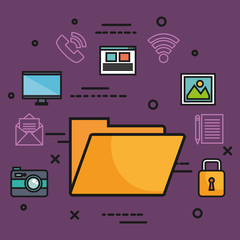 Yellow folder with technology and communication related objects over purple background vector illustration