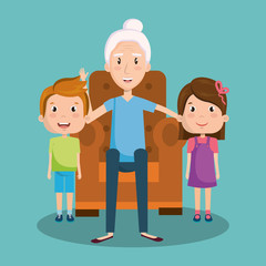 Grandma sitting on armchair with children over teal background vector illustration