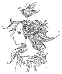 Girl with flowers and bird