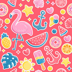 Summer beach elements seamless pattern.  Flamingo, ice cream, watermelon, sun, monstera, pineapple. Vector illustration