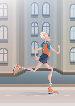 An elderly gray-haired man practice Jogging on city street. Active lifestyle and sport activities in old age. Vector illustration.