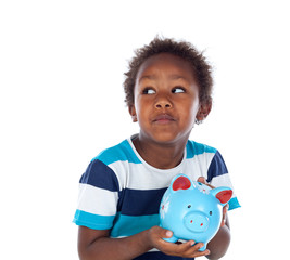 Fototapeta na wymiar Beautiful afroamerican child with a blue moneybox