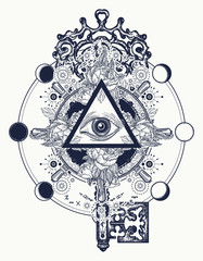 Masonic eye and key tattoo symbols. Freemason and spiritual symbols. Alchemy, medieval religion, occultism, spirituality and esoteric tattoo. Magic eye, roses and steering wheel t-shirt design