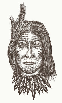 Native american old man vector. North American Indian hand drawn portrait