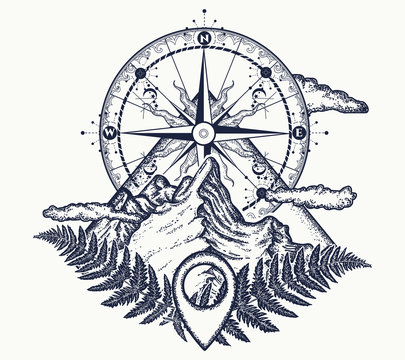 Mountains and compass tattoo. Symbol of tourism, rock climbing, camping. Mountain top and vintage compass tattoo and t-shirt design