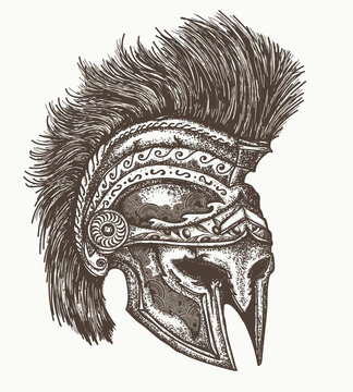 Ancient Spartan helmet hand drawn. Ancient greek war helmet