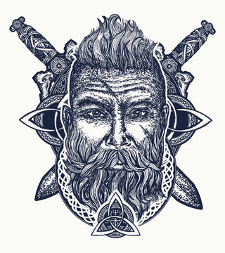 Viking tattoo, bearded barbarian of Scandinavia, crossed swords, god Odin. Symbol of force, courage. Scandinavian mythology, viking art print t-shirt design