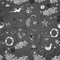 Cartoon sea pattern with fish and gull