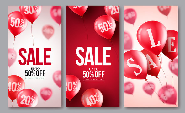 Sale vector balloons poster set. Collections of flying balloons with 50 percent off in different backgrounds for store events and promotions. Vector illustration.
