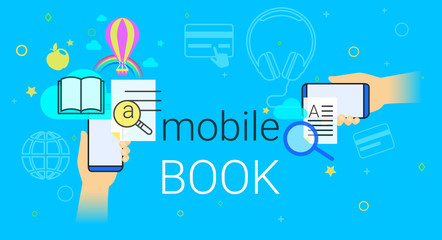 Mobile book and electronic library app on smartphone concept vector illustration. Human hands hold smart phone with ebook app for reading interesting books and education. E-book sync and cloud storage