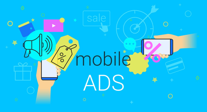 Mobile ads and marketing on smartphone creative concept vector illustration. Human hands hold smart phone with promo discounts and sale offer. Online advertising as web baners and search results