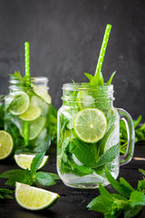 Mojito cocktail with lime and mint in highball glass on a black stone background Copy space