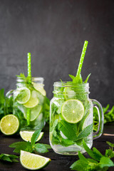 Mojito cocktail with lime and mint in highball glass on a black stone background Copy space