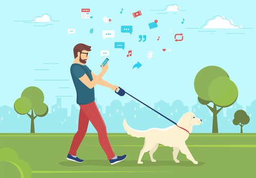 Man walking with dog outdoors in park and using smartphone to read news and messages in social networks. Flat vector illustration of people addiction to networks and publishing images for likes