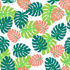 Fototapeta premium Summer exotic seamless pattern of leaves monstera. Tropical leaves and green, blue, pink colors. Vector background. Plant flower nature wallpaper