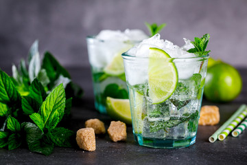 Mojito Cocktail.Mint, lime, ice ingredients for making  and bar utensils.Cold Drink.Top View.Copy space for Text.selective focus.