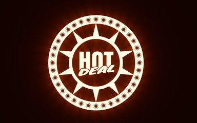 Stamp icon. Graphic design elements. 3D rendering. Hot deal text. Neon illumination