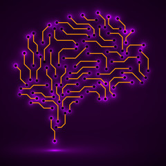 Technological neon brain. Circuit board. Abstract vector background