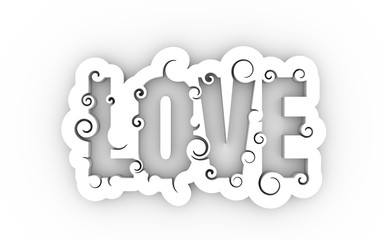Lettering illustration with Love word. Typography poster with abstract ornament of curls. 3D rendering