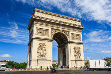 Arc de Triomphe on blue sky background in Paris.