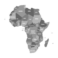 Political map of Africa in four shades of grey with white country name labels on white background. Vector illustration.