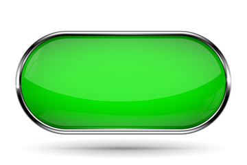 Green glass button with metal frame. Oval web icon