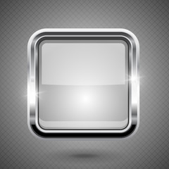 White shiny square button with chrome frame on gray checked background