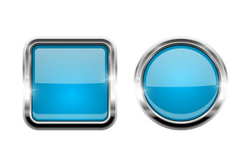 Blue shiny buttons. Round and square glass web icons