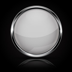 White glass button with metal frame. Round 3d icon on black background