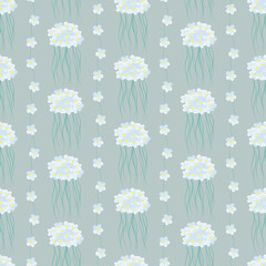 A drawing in a small blue flower on a gray-blue background. Colorful seamless background for textiles, fabric, cotton fabric, covers, wallpapers, print, gift wrapping and scrapbooking.