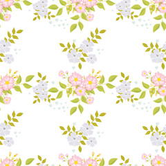 Obraz na płótnie Canvas A drawing in a small blue and pink flower on a white background. Colorful seamless background for textiles, fabric, cotton fabric, covers, wallpapers, print, gift wrapping and scrapbooking.