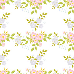 A drawing in a small blue and pink flower on a white background. Colorful seamless background for textiles, fabric, cotton fabric, covers, wallpapers, print, gift wrapping and scrapbooking.