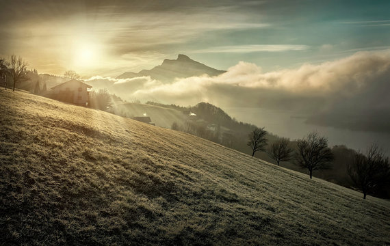 Beautiful Mountains view at morning. Sunrise in austrian mountai