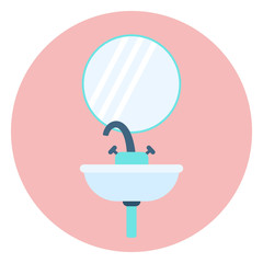 Flat blue bath sink with tap and mirror, handbasin with basin tap. Isolated vector bathroom equipment