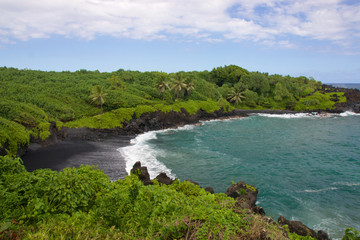Waianapanapa Black Sand Beach on the Hawaiian island of Maui along Road to Hana