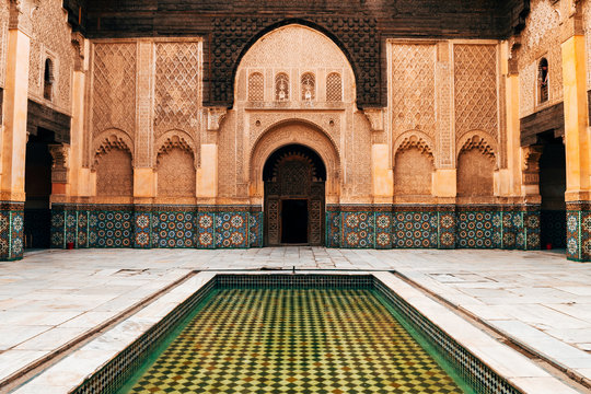 arab courtyard with ornaments, morocco