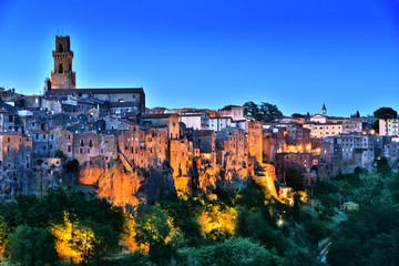 City of Pitigliano in Tuscany, Italy after sunset