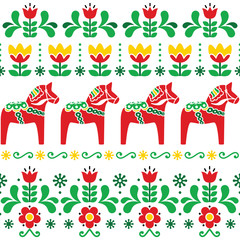  
Swedish Dala horse pattern, Scandinavian seamless folk art design with flowers