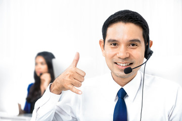 Call center staff making call me gesture