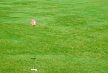 Obraz premium Golf practice putting green hole and marked with a red sign with space for background use