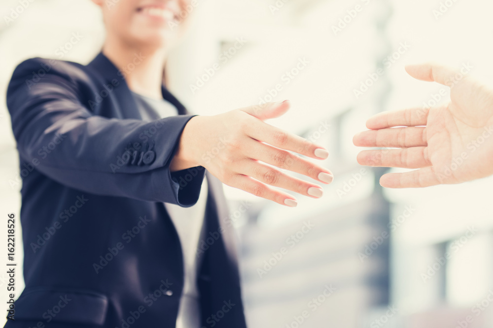 Wall mural Businesswoman going to make handshake with a businessman