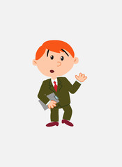 White businessman. Vector illustration isolated in a funny cartoon style. The character is surprised by something at his side; Has a document in his hand.