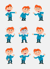 Businessman character. Set with 9 variations for design work and animation.The character is angry, sad, happy, doubting…  Vector illustration to isolated and funny cartoons characters.