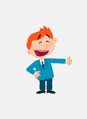White businessman. Vector illustration isolated in a funny cartoon style. The character is happy, showing something to his side.