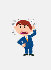 White businessman. Vector illustration isolated in a funny cartoon style. The character is angry while raising the finger, menacing.