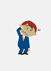 White businessman. Vector illustration isolated in a funny cartoon style. The character is sick, something dizzy.