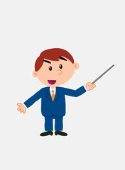 White businessman. Vector illustration isolated in a funny cartoon style. The character points with a pointer something to his side in a positive attitude.